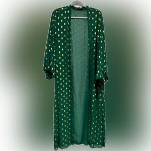 Women's Green & Gold Long Robe - Elegant Open Front Sleepwear